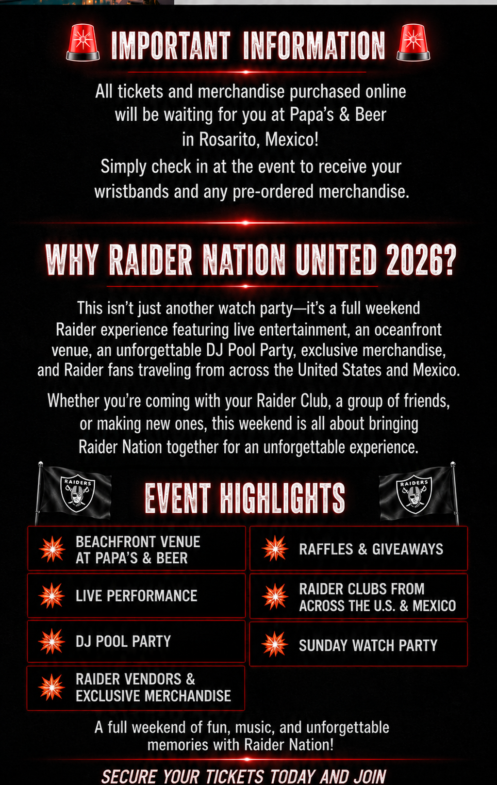 Important event information for Raider Nation United 2026, why attend the Rosarito weekend, event highlights, and a ticket purchase call to action.